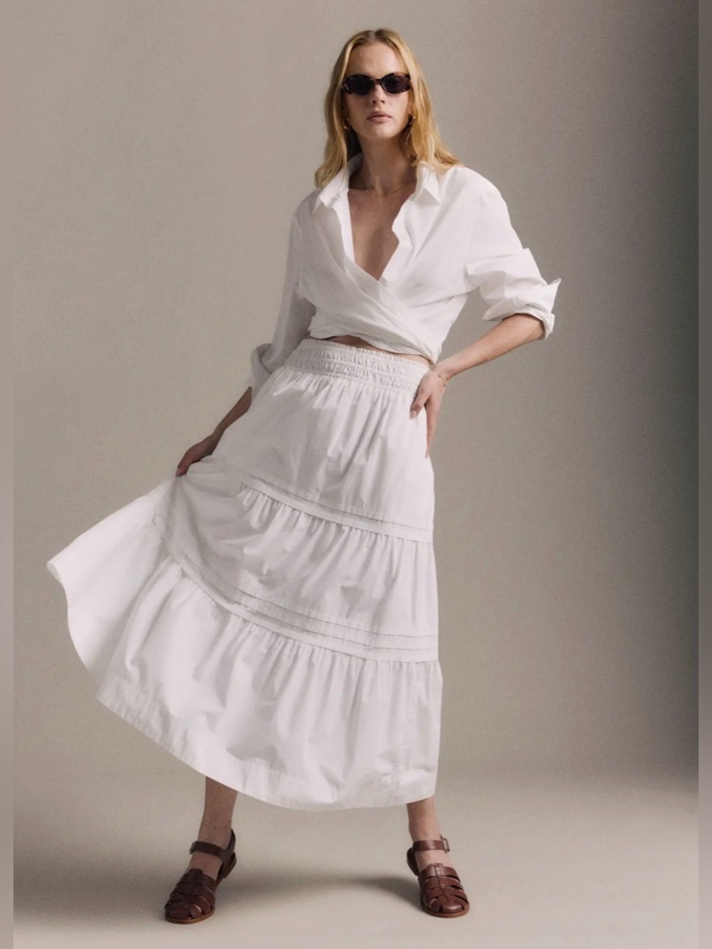 Quince 100% Organic Cotton Classic White Tiered Maxi Skirt. M. NWT